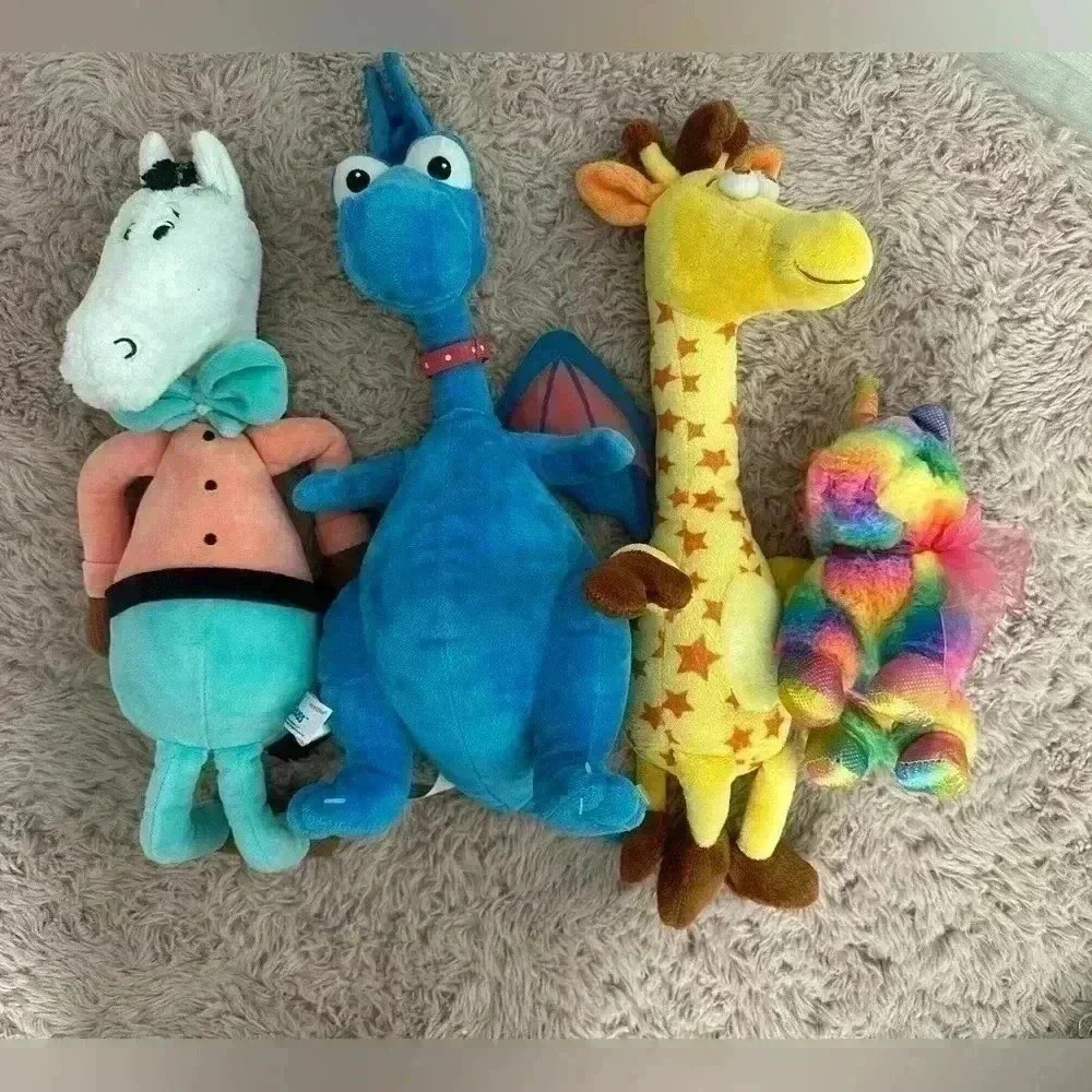 Set of 4 Plush Stuffed Animals Dragon Giraffe Horse Rainbow Unicorn